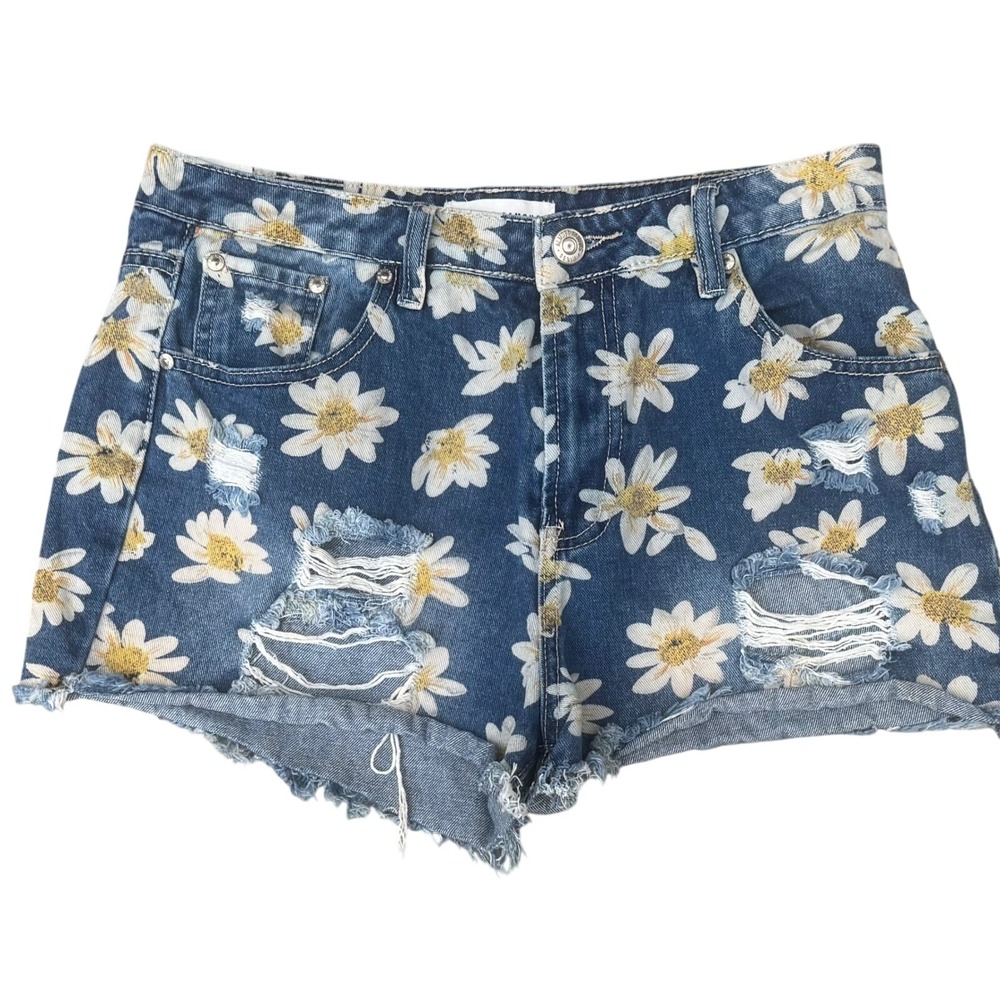 Almost Famous Daisy Floral Distressed Denim Shorts Blue Size 9 S401A-BF
